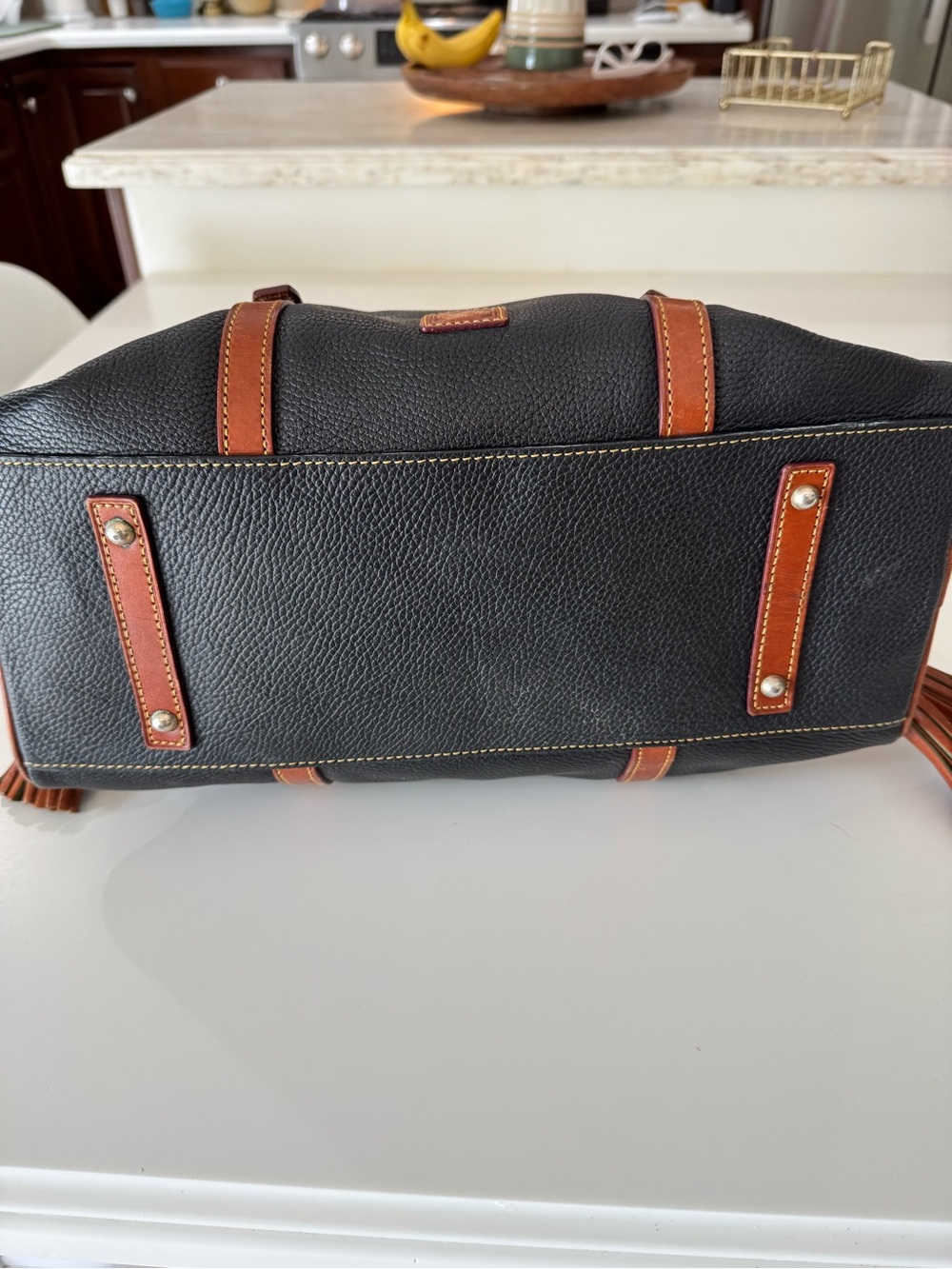 Dooney & Bourke Black Pebbled Leather Satchel with Brown Trim and Brass Hardware - Picture 11 of 11